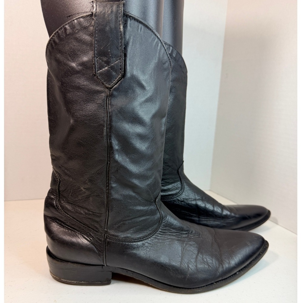 Vintage Black Leather Cowboy Boots Mens Pointed Toe Western Pull On Tall Shaft
